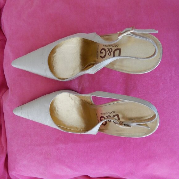 D&G Dolce & Gabbana Italy Cream Gold Silk Heels 37.5 US 7.5 - Picture 11 of 15